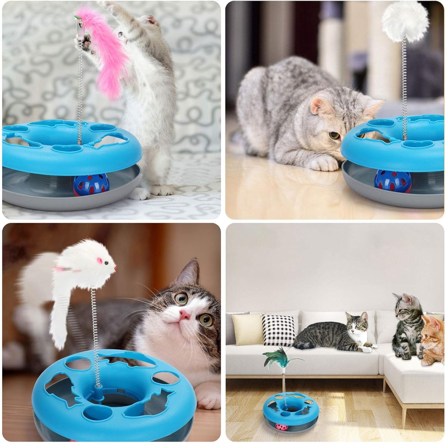 3-in-1 Interactive Cat Toy for Indoor Cats, Featuring Teaser Mouse and Exercise Balls with 5 Removable Spring Replacements - Blue