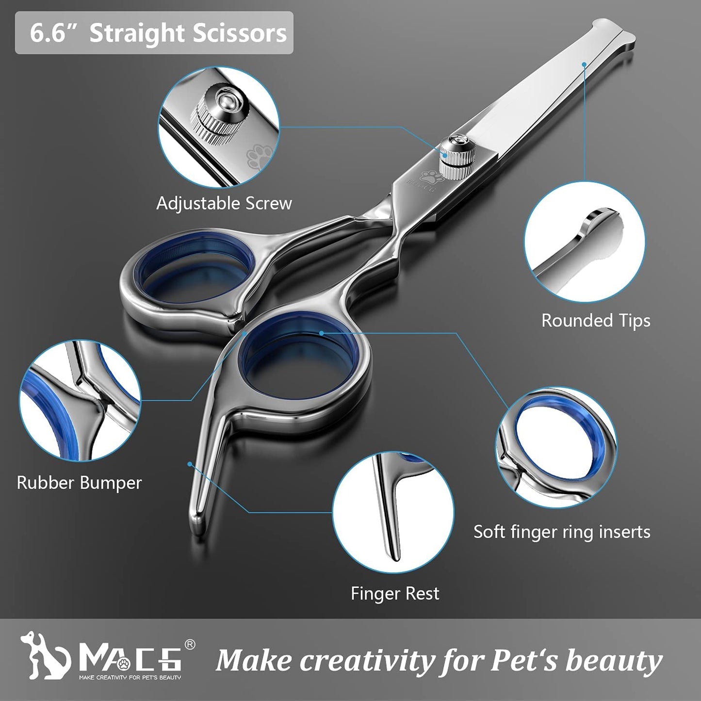 Professional Dog Grooming Scissors Set - Titanium Coated Curved, Thinning, and Straight Scissors with Safety Round Tips for Dogs and Cats