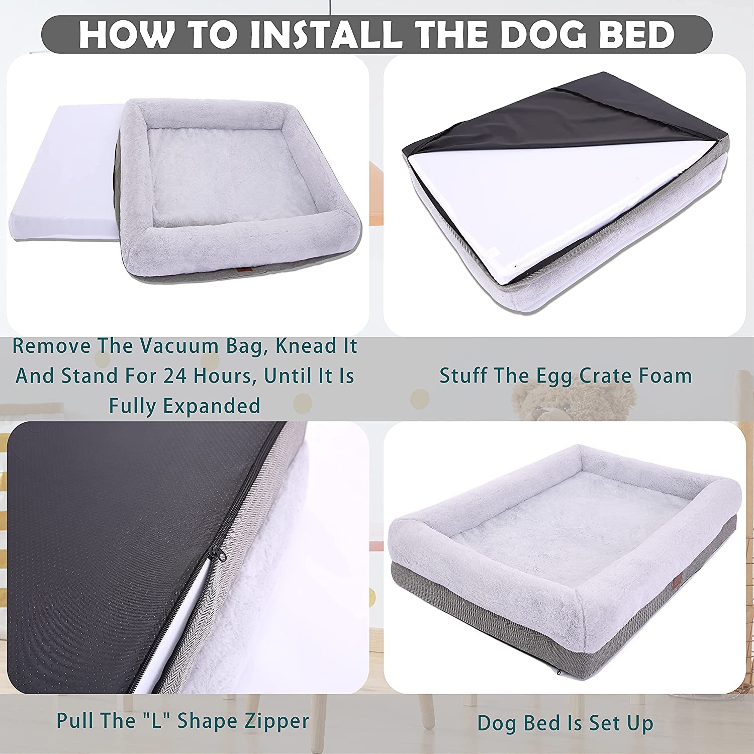 Extra Large Orthopedic Dog Bed with Bolster Sides, Removable Washable Cover, Non-Skid Bottom, and Egg Foam Cushioning - 46 x 30 Inch, Gray