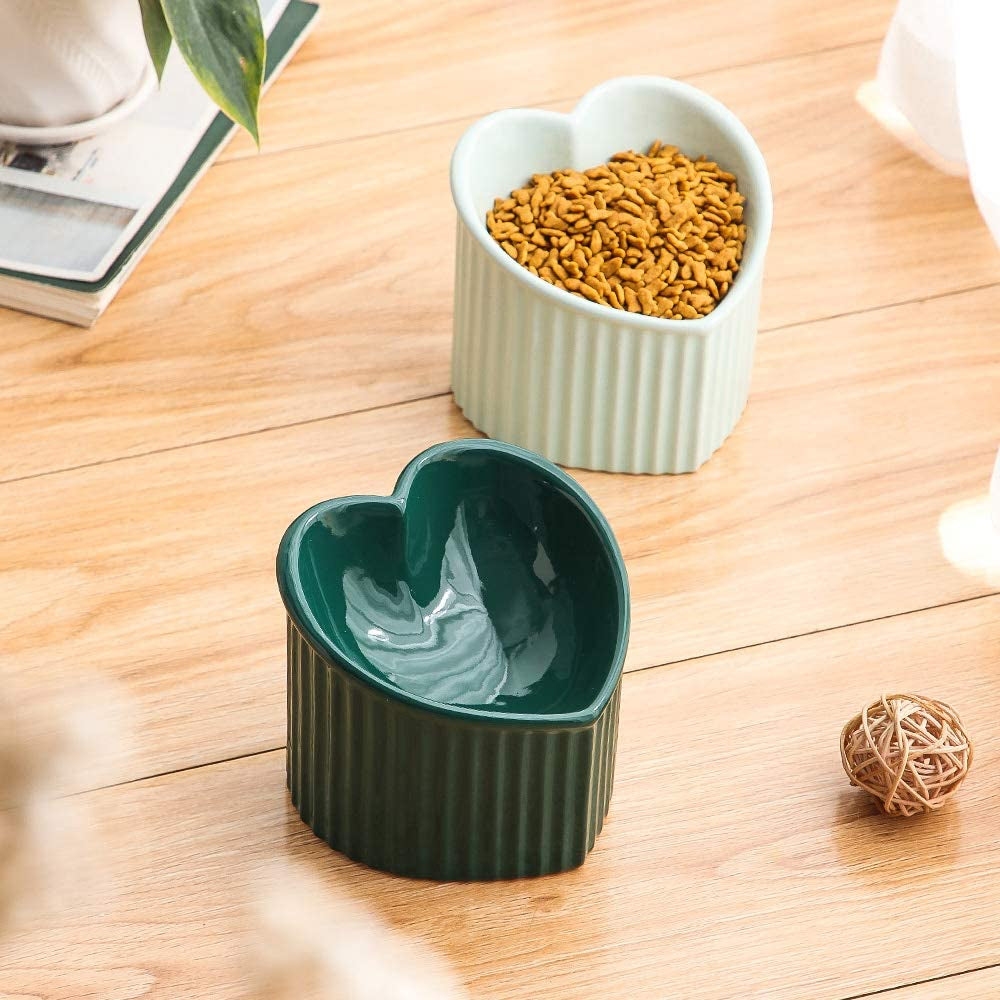 Dark Green Elevated Ceramic Cat Bowls for Food and Water, Stress-Free Design with Backflow Prevention, Dishwasher and Microwave Safe, Lead and Cadmium Free