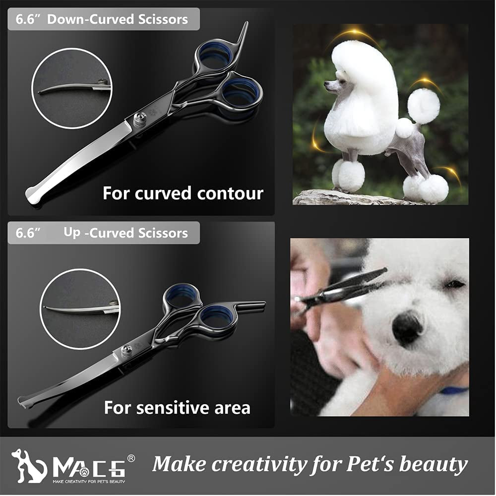 Professional Dog Grooming Scissors Set - Titanium Coated Curved, Thinning, and Straight Scissors with Safety Round Tips for Dogs and Cats