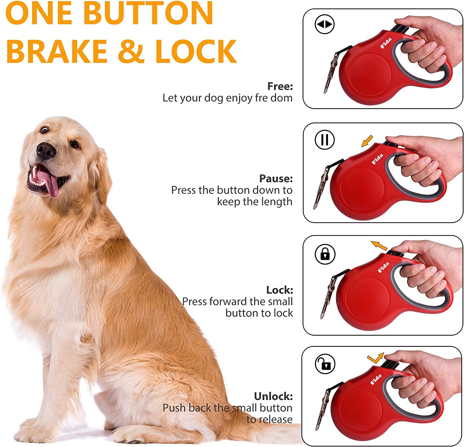 Retractable Pet Leash with Integrated Dispenser and Waste Bags, 16 Ft for Medium Dogs or Cats up to 44 lbs, Anti-Slip Handle, Tangle-Free Design, Reflective Nylon Tape (Medium, Red)