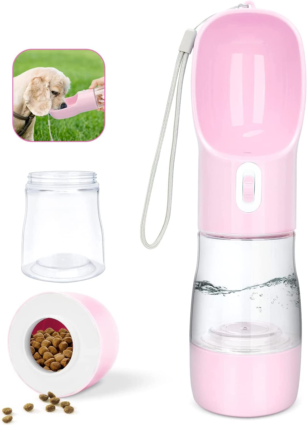 Portable Leak-Proof Dog Water Bottle and Food Dispenser - Lightweight Travel Bowl for Walking and Outdoor Adventures (Pink)