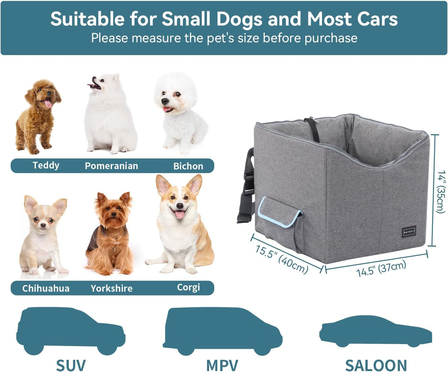 Small Dog Car Seat Booster with Safety Belt, Washable Double-Sided Cushion, and Storage Pocket for Small Pets (Light Grey)
