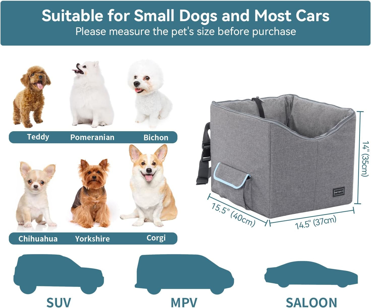 Small Dog Car Seat Booster with Safety Belt, Washable Double-Sided Cushion, and Storage Pocket for Small Pets (Light Grey)