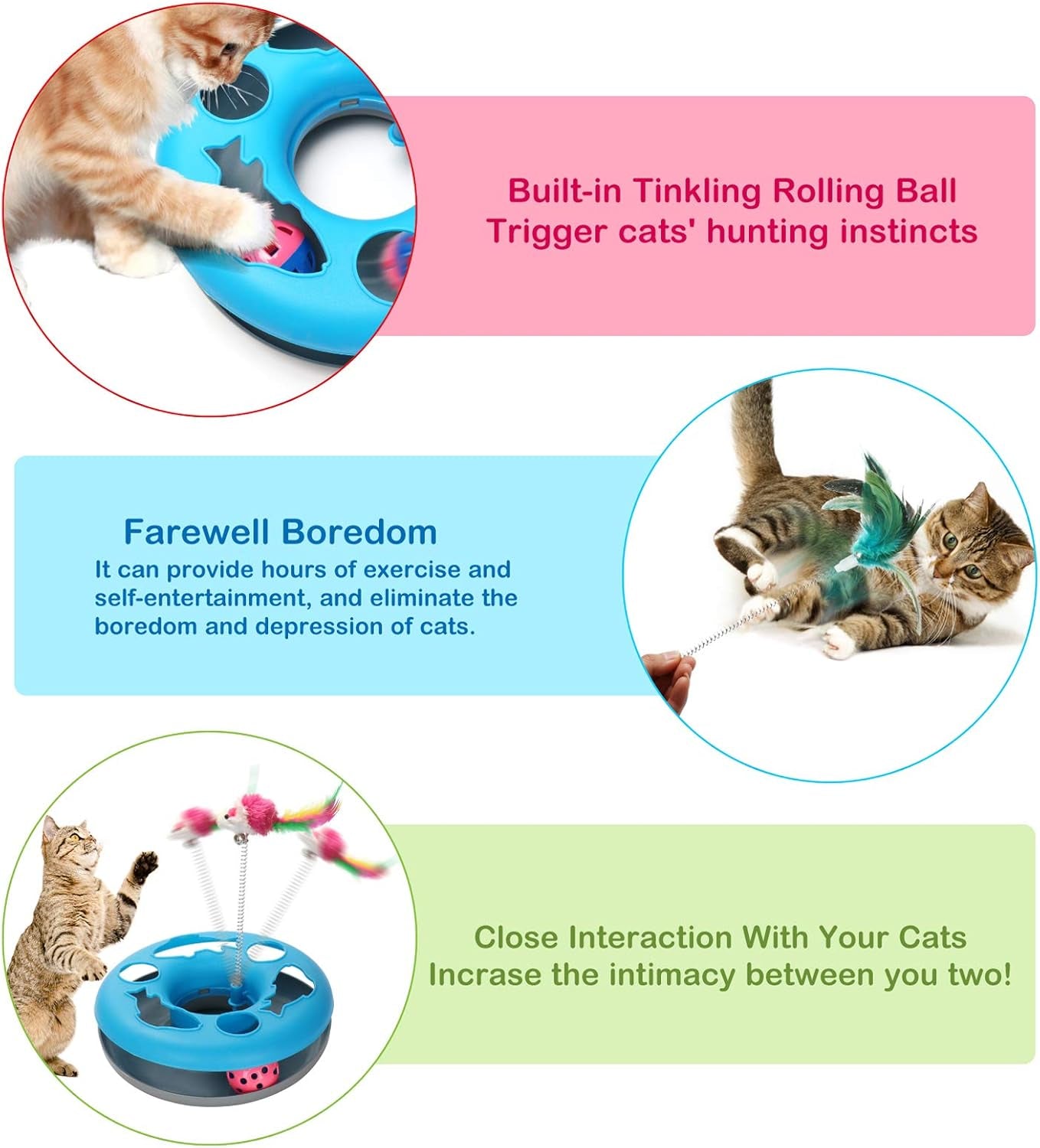 3-in-1 Interactive Cat Toy for Indoor Cats, Featuring Teaser Mouse and Exercise Balls with 5 Removable Spring Replacements - Blue