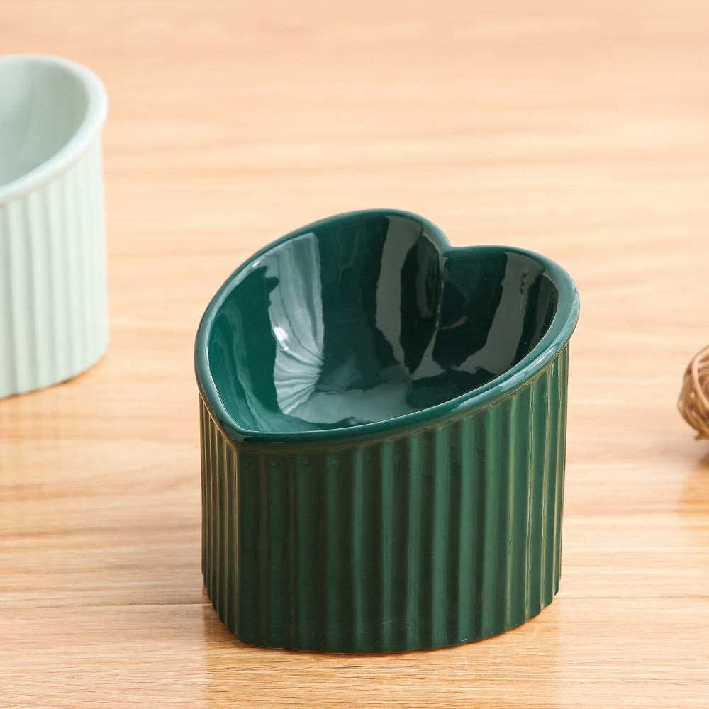 Dark Green Elevated Ceramic Cat Bowls for Food and Water, Stress-Free Design with Backflow Prevention, Dishwasher and Microwave Safe, Lead and Cadmium Free
