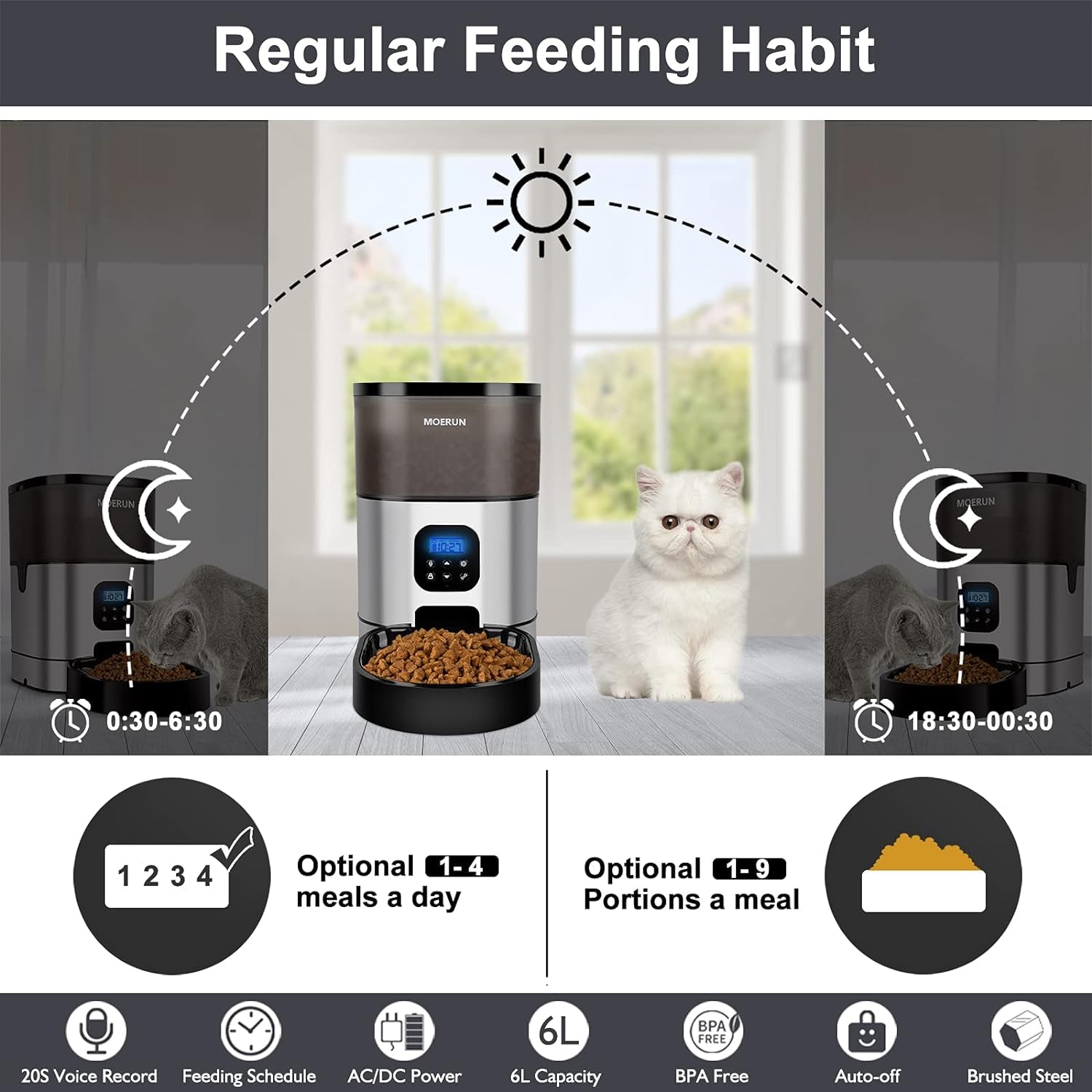 Automatic Cat Feeder - 6L Programmable Transparent Food Dispenser with Desiccant Bag, Adjustable Portions and Meal Settings, Includes Voice Recorder for Small to Medium Pets