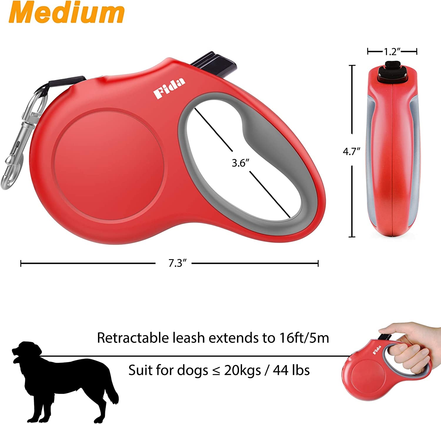 Retractable Pet Leash with Integrated Dispenser and Waste Bags, 16 Ft for Medium Dogs or Cats up to 44 lbs, Anti-Slip Handle, Tangle-Free Design, Reflective Nylon Tape (Medium, Red)