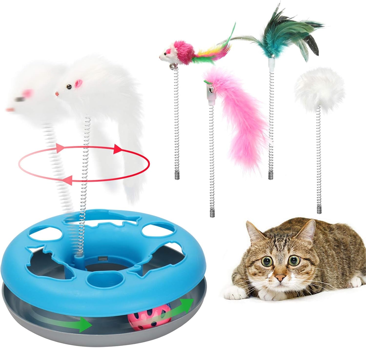 3-in-1 Interactive Cat Toy for Indoor Cats, Featuring Teaser Mouse and Exercise Balls with 5 Removable Spring Replacements - Blue
