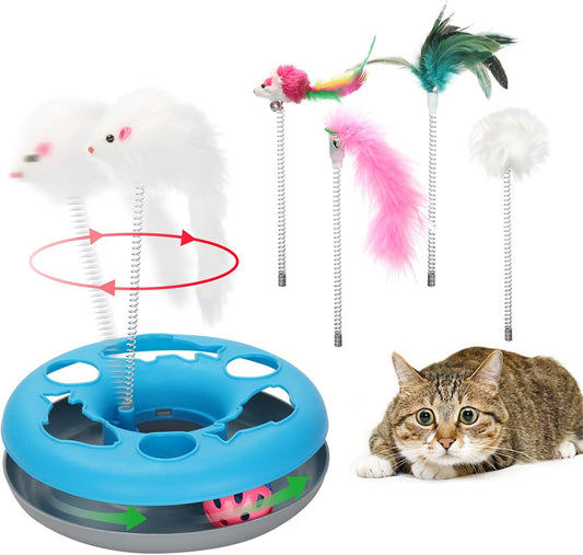 3-in-1 Interactive Cat Toy for Indoor Cats, Featuring Teaser Mouse and Exercise Balls with 5 Removable Spring Replacements - Blue