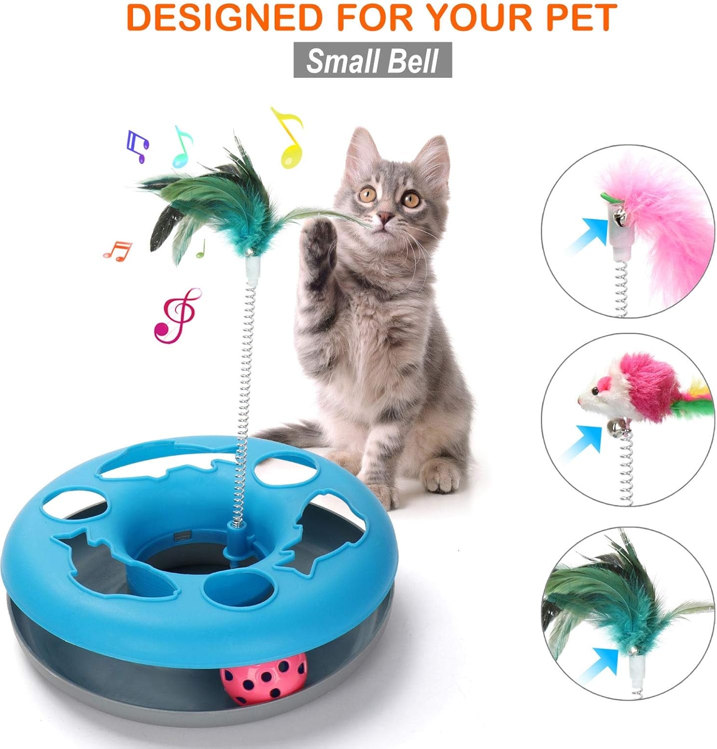 3-in-1 Interactive Cat Toy for Indoor Cats, Featuring Teaser Mouse and Exercise Balls with 5 Removable Spring Replacements - Blue