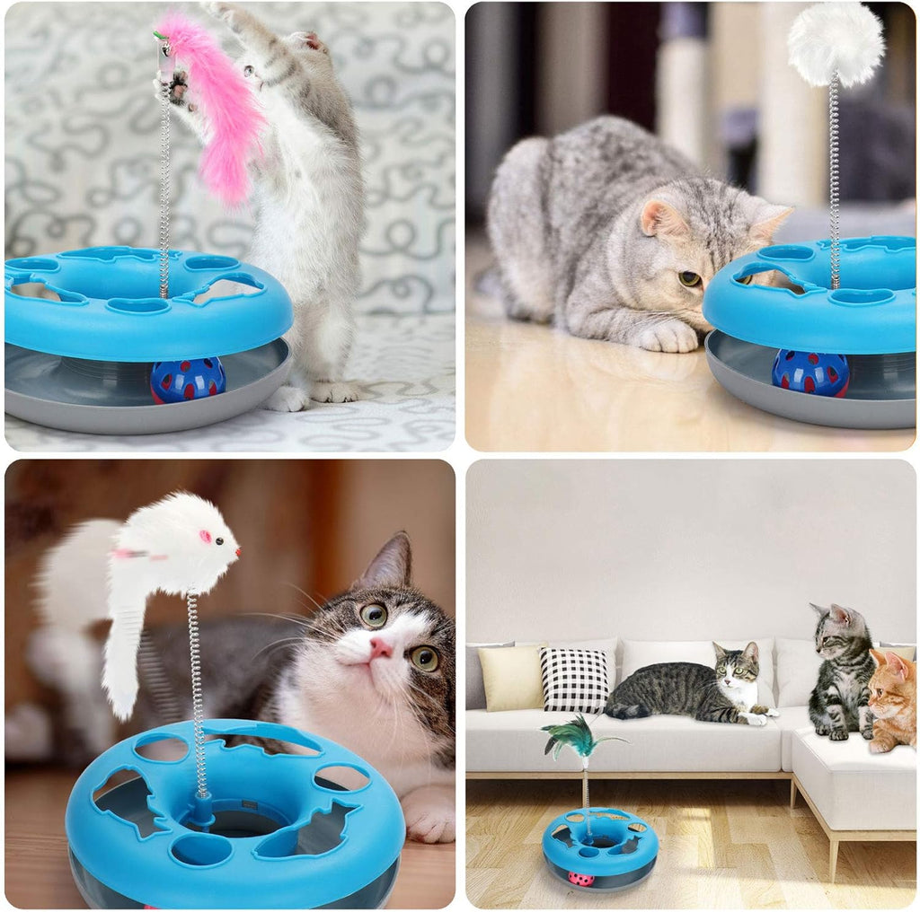 3-in-1 Interactive Cat Toy for Indoor Cats, Featuring Teaser Mouse and Exercise Balls with 5 Removable Spring Replacements - Blue
