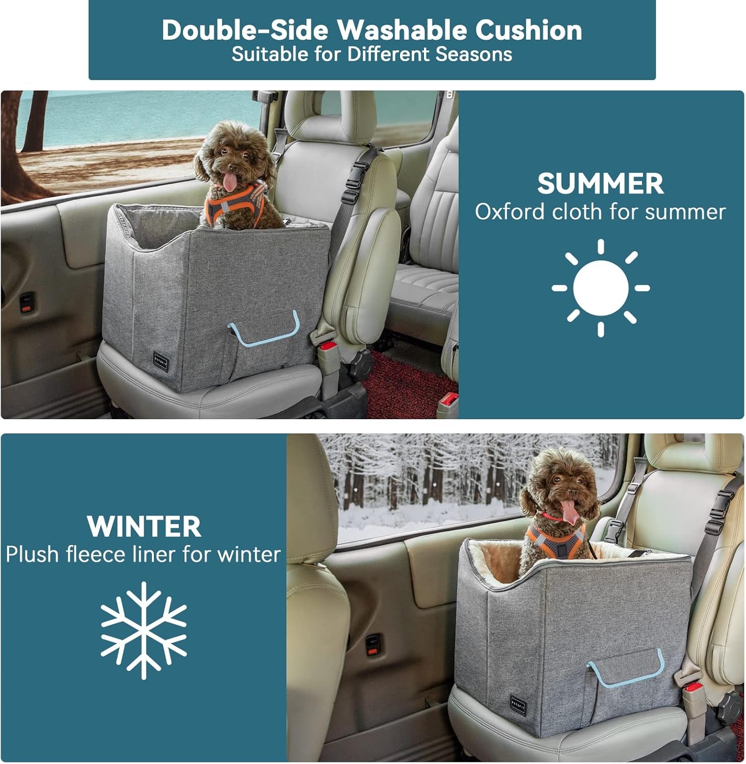 Small Dog Car Seat Booster with Safety Belt, Washable Double-Sided Cushion, and Storage Pocket for Small Pets (Light Grey)