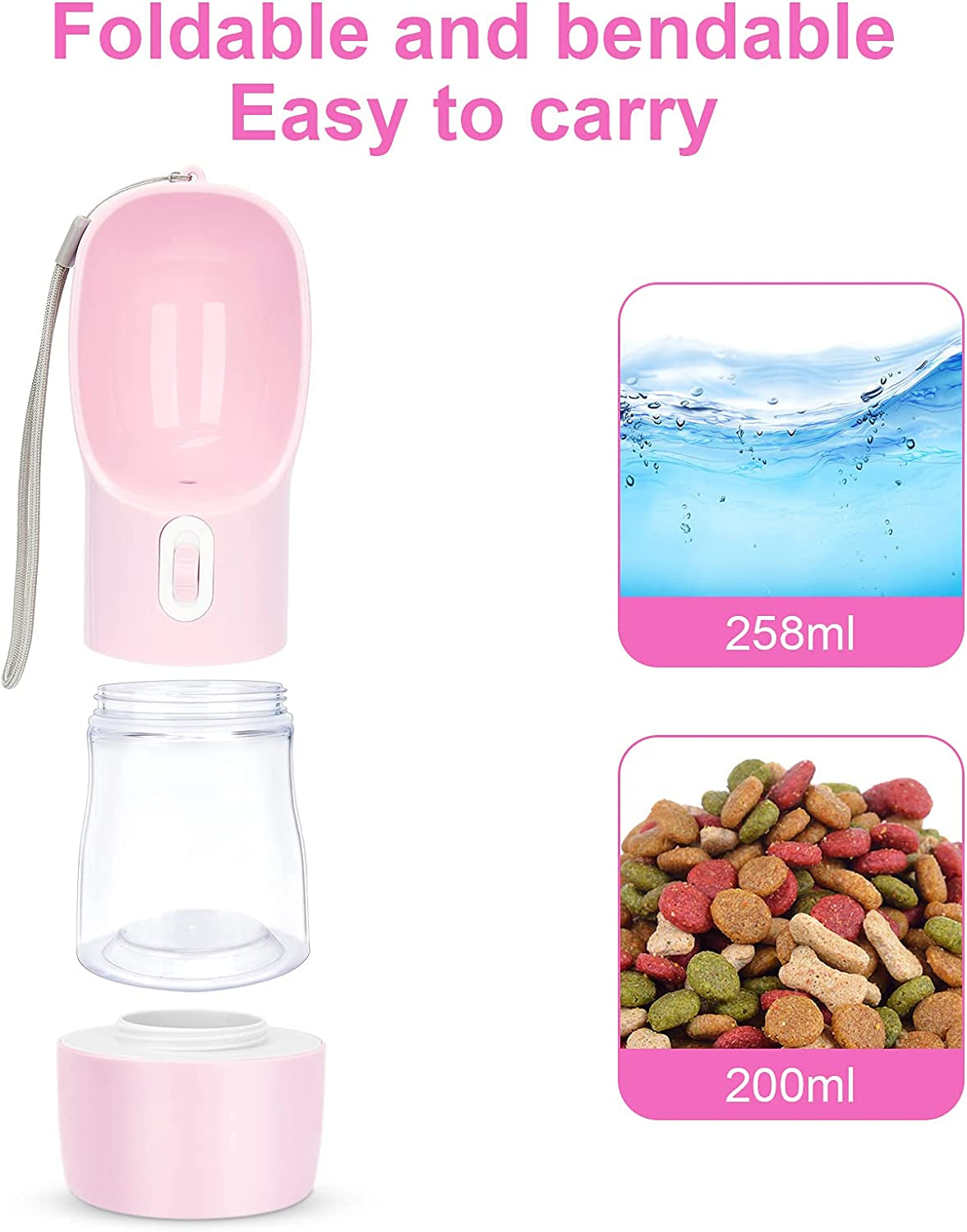 Portable Leak-Proof Dog Water Bottle and Food Dispenser - Lightweight Travel Bowl for Walking and Outdoor Adventures (Pink)