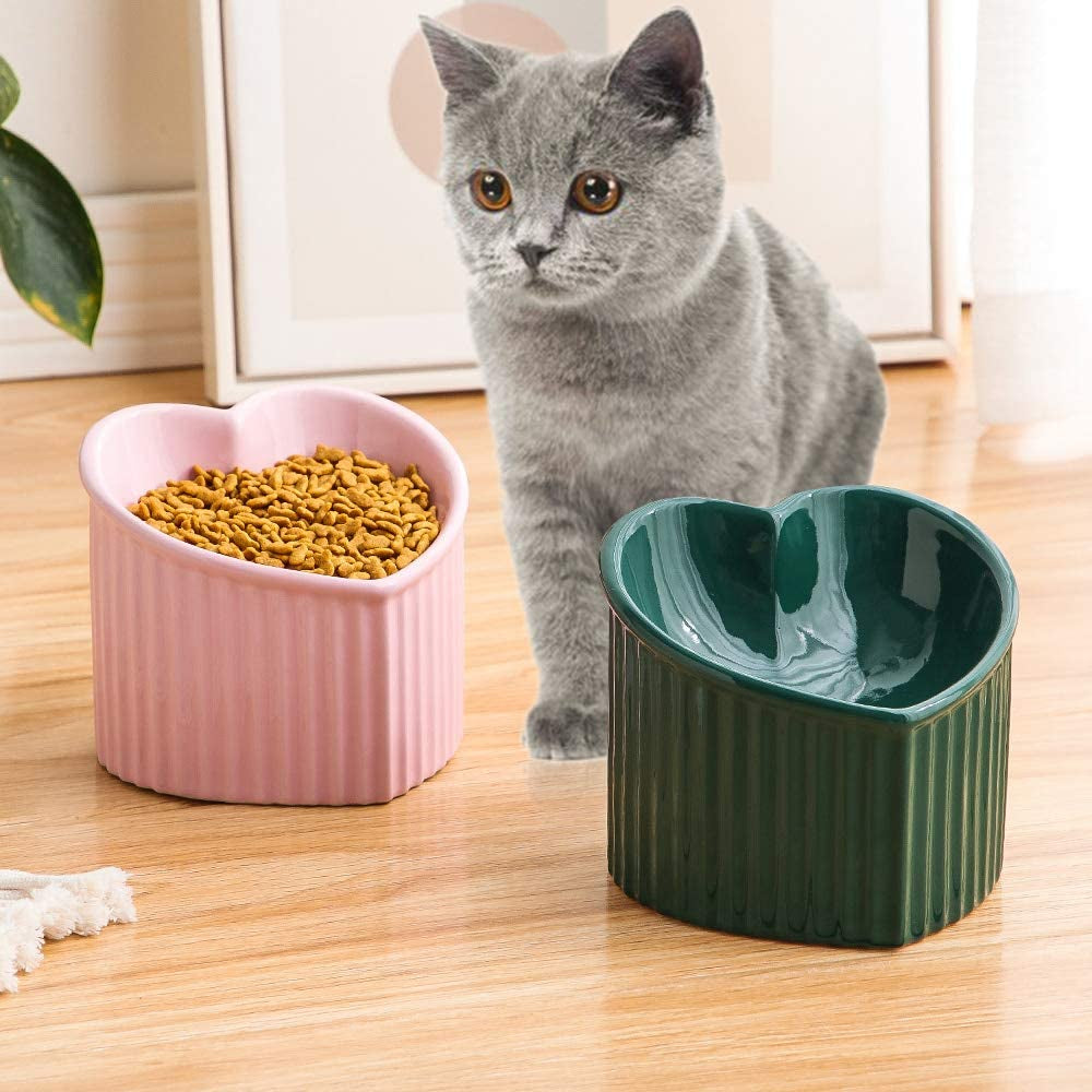 Dark Green Elevated Ceramic Cat Bowls for Food and Water, Stress-Free Design with Backflow Prevention, Dishwasher and Microwave Safe, Lead and Cadmium Free