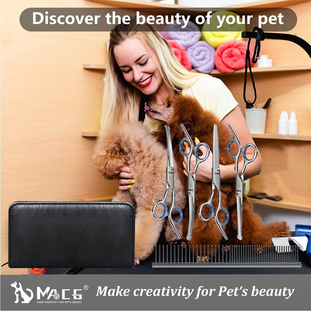 Professional Dog Grooming Scissors Set - Titanium Coated Curved, Thinning, and Straight Scissors with Safety Round Tips for Dogs and Cats