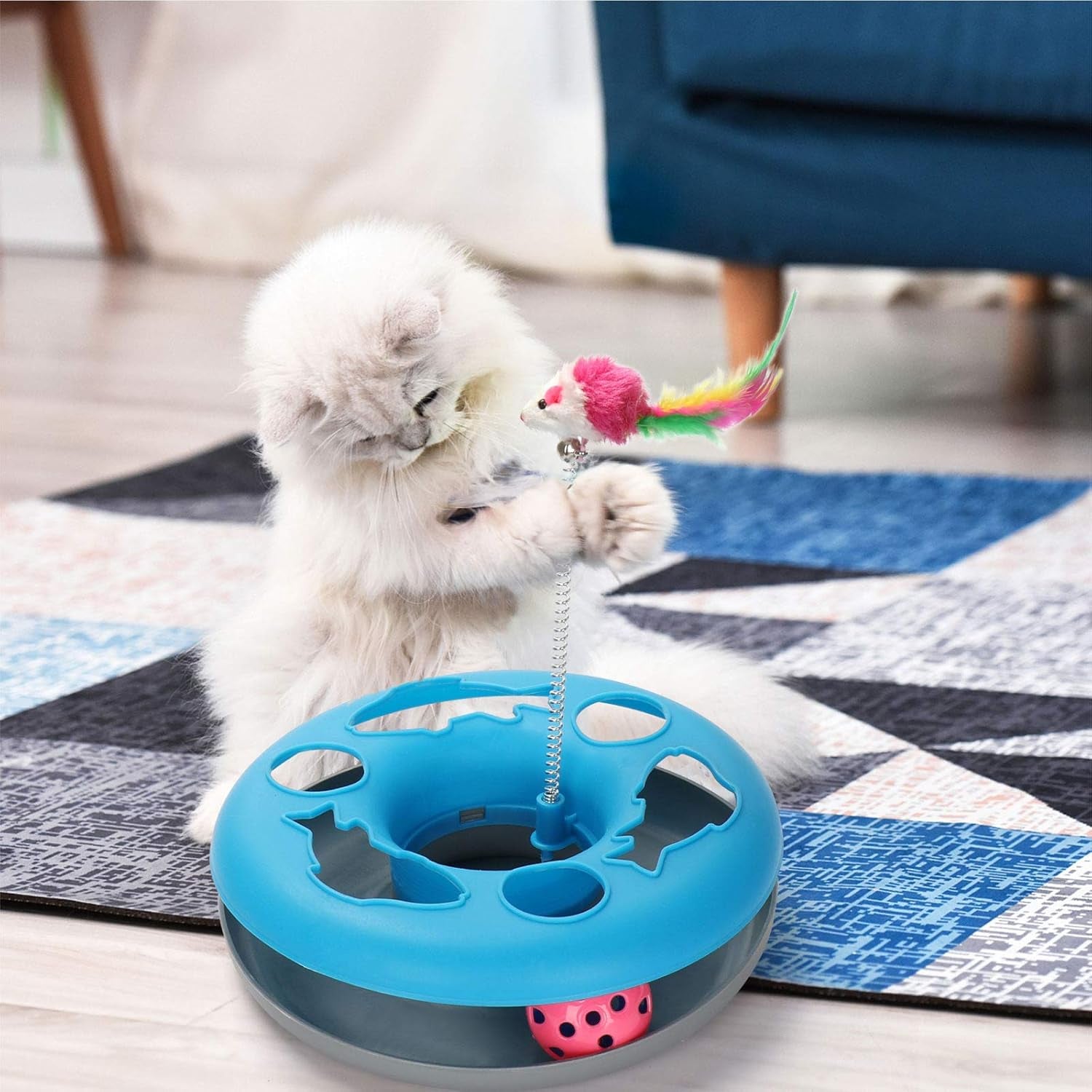 3-in-1 Interactive Cat Toy for Indoor Cats, Featuring Teaser Mouse and Exercise Balls with 5 Removable Spring Replacements - Blue