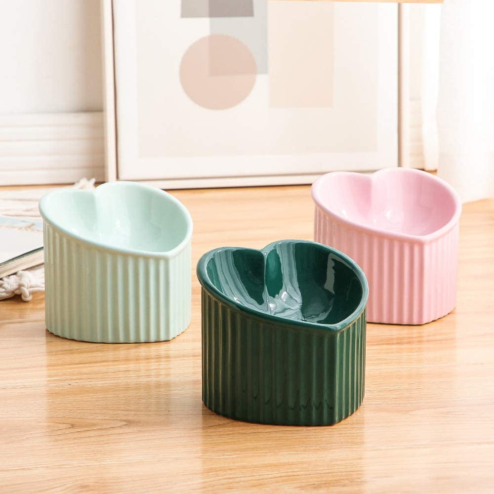 Dark Green Elevated Ceramic Cat Bowls for Food and Water, Stress-Free Design with Backflow Prevention, Dishwasher and Microwave Safe, Lead and Cadmium Free
