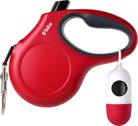 Retractable Pet Leash with Integrated Dispenser and Waste Bags, 16 Ft for Medium Dogs or Cats up to 44 lbs, Anti-Slip Handle, Tangle-Free Design, Reflective Nylon Tape (Medium, Red)