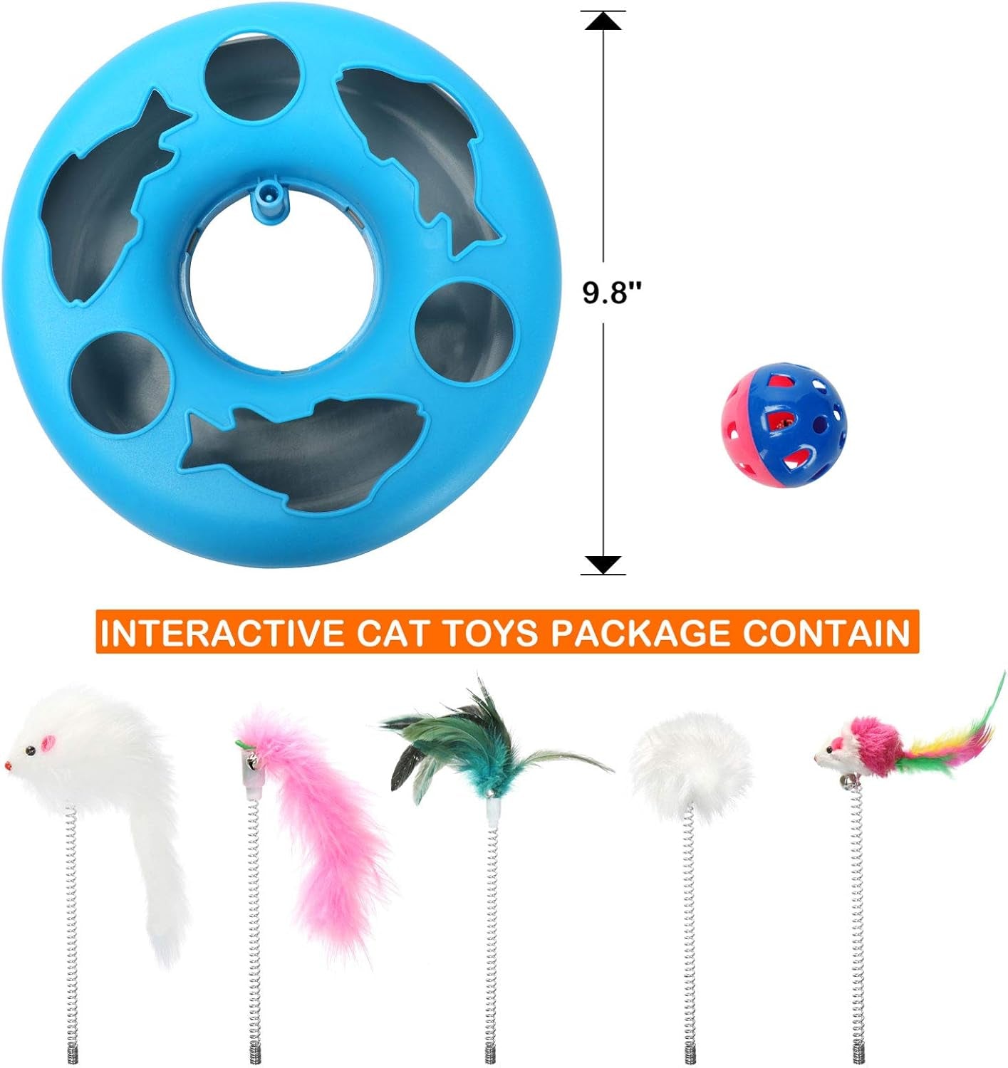 3-in-1 Interactive Cat Toy for Indoor Cats, Featuring Teaser Mouse and Exercise Balls with 5 Removable Spring Replacements - Blue
