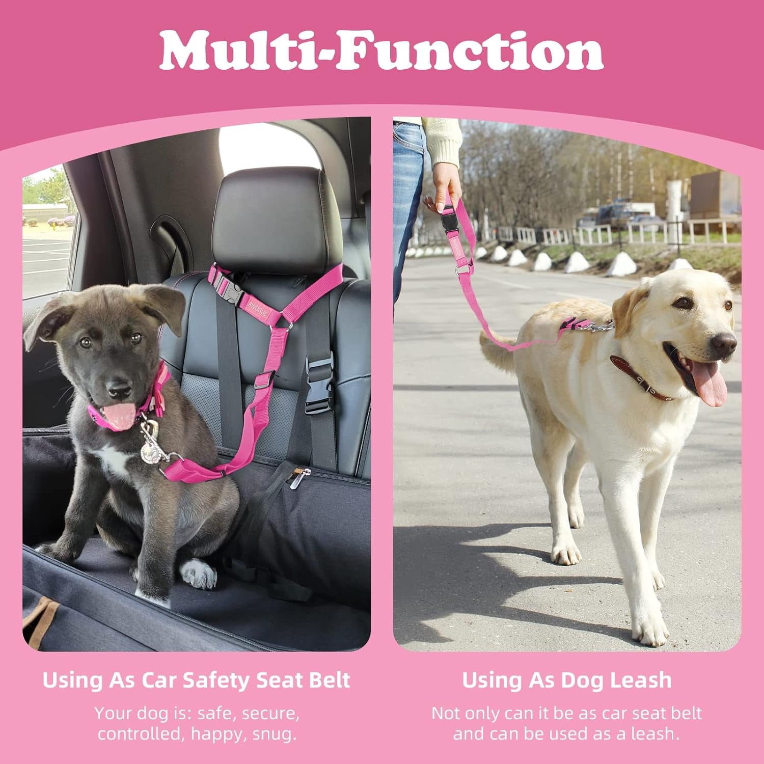 Adjustable Nylon Fabric Dog and Cat Safety Seat Belt Straps for Vehicle Headrests - 2 Pack Restraint Harnesses
