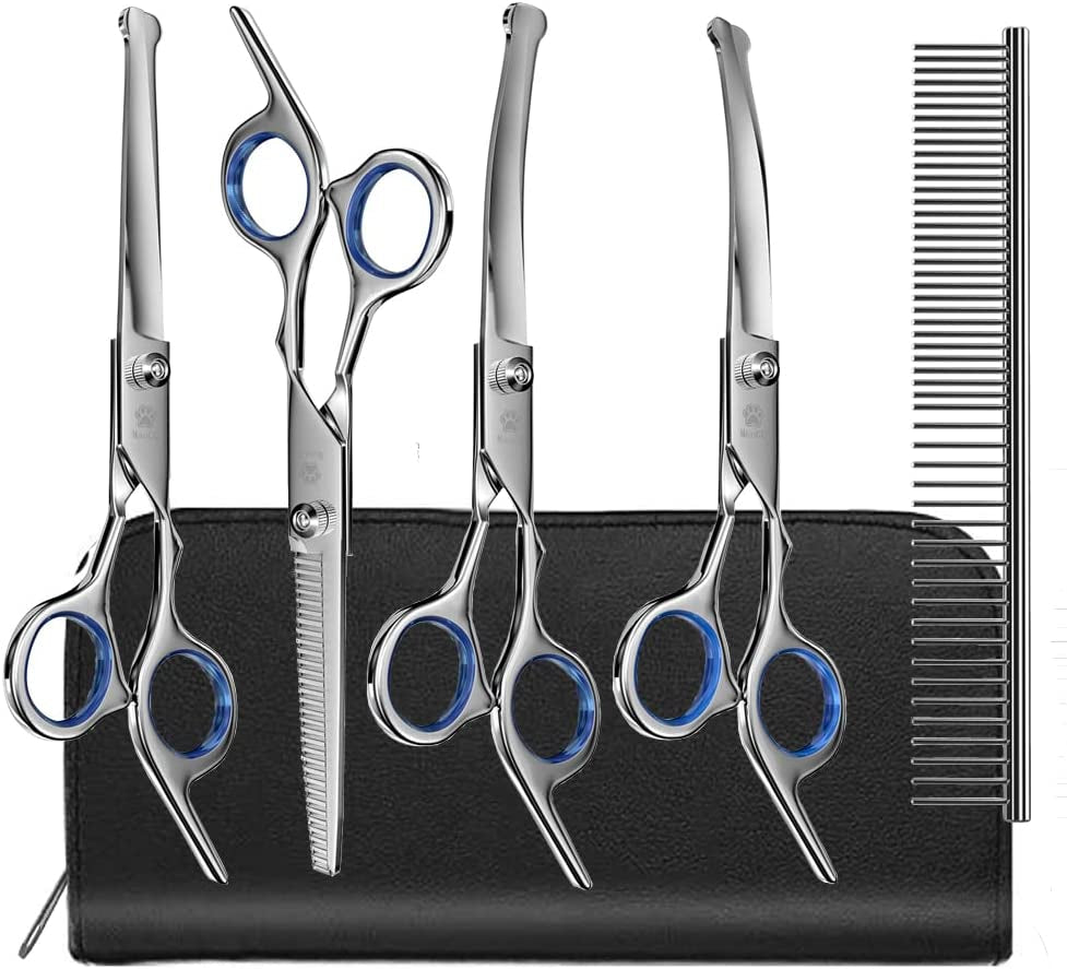 Professional Dog Grooming Scissors Set - Titanium Coated Curved, Thinning, and Straight Scissors with Safety Round Tips for Dogs and Cats