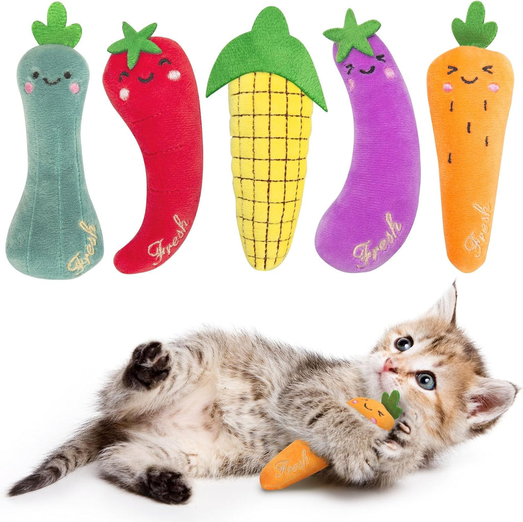 Interactive Catnip Toys for Indoor Cats, Durable Vegetable-Shaped Kitty Kickers and Teething Chew Toys, 5-Pack