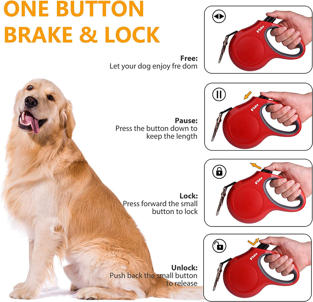 Retractable Pet Leash with Integrated Dispenser and Waste Bags, 16 Ft for Medium Dogs or Cats up to 44 lbs, Anti-Slip Handle, Tangle-Free Design, Reflective Nylon Tape (Medium, Red)