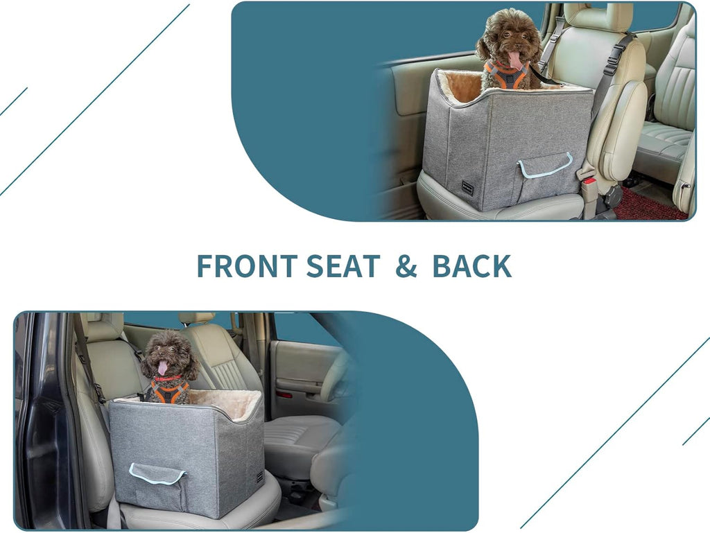 Small Dog Car Seat Booster with Safety Belt, Washable Double-Sided Cushion, and Storage Pocket for Small Pets (Light Grey)
