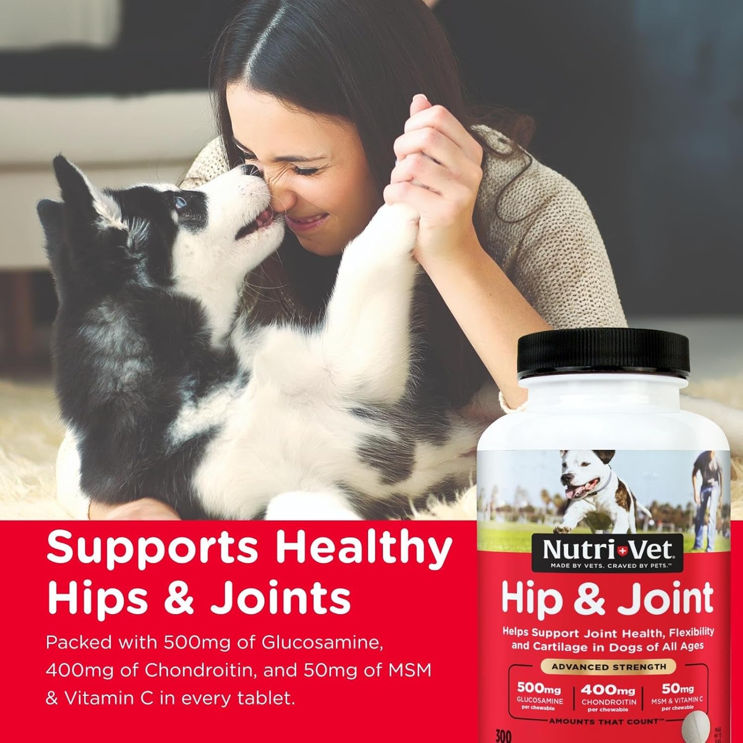 Advanced Hip and Joint Chewable Supplements for Dogs - Enhanced with Glucosamine and Chondroitin for Cartilage and Mobility Support - 300 Tablets