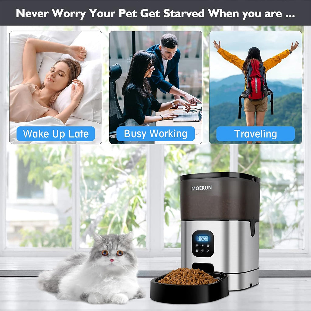 Automatic Cat Feeder - 6L Programmable Transparent Food Dispenser with Desiccant Bag, Adjustable Portions and Meal Settings, Includes Voice Recorder for Small to Medium Pets