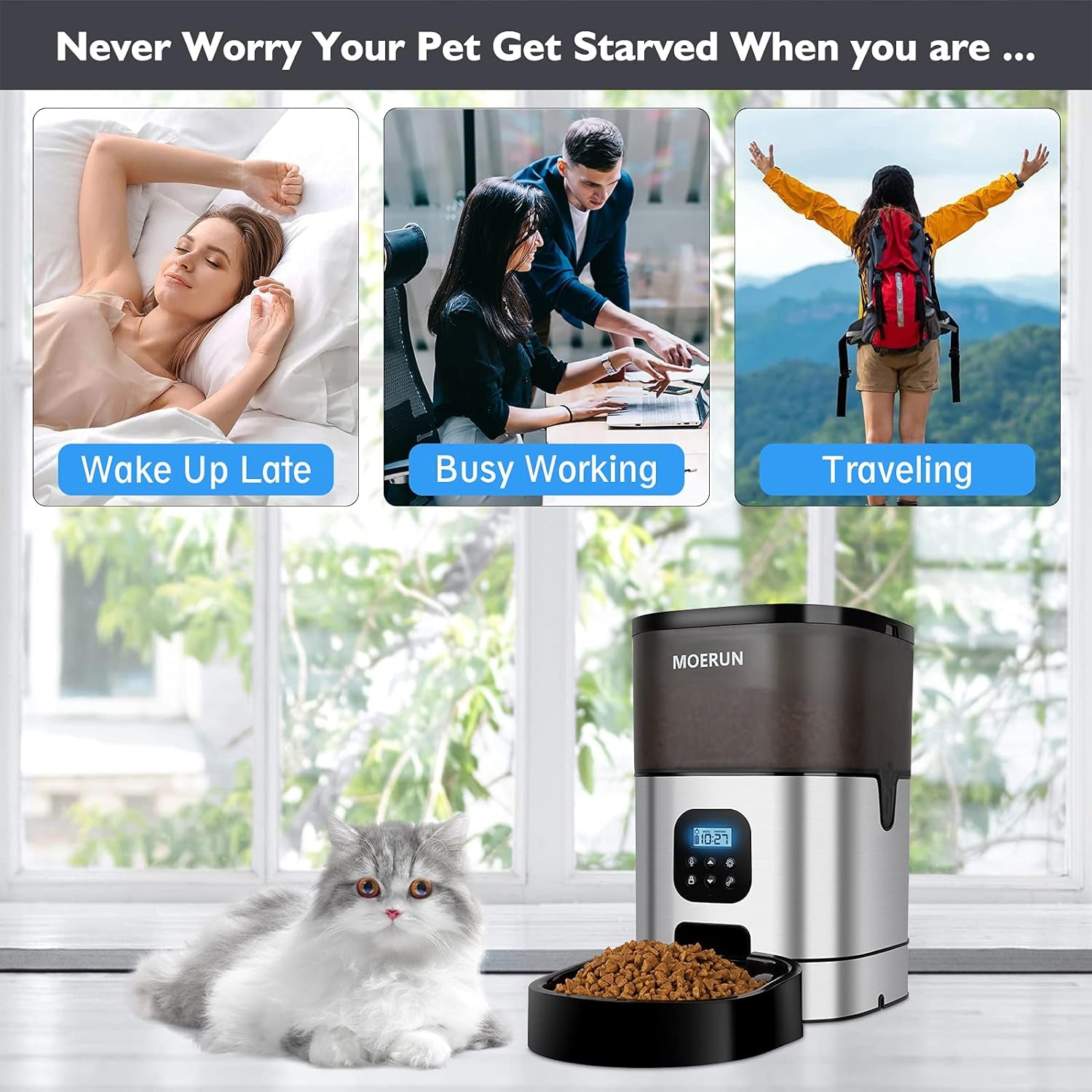 Automatic Cat Feeder - 6L Programmable Transparent Food Dispenser with Desiccant Bag, Adjustable Portions and Meal Settings, Includes Voice Recorder for Small to Medium Pets