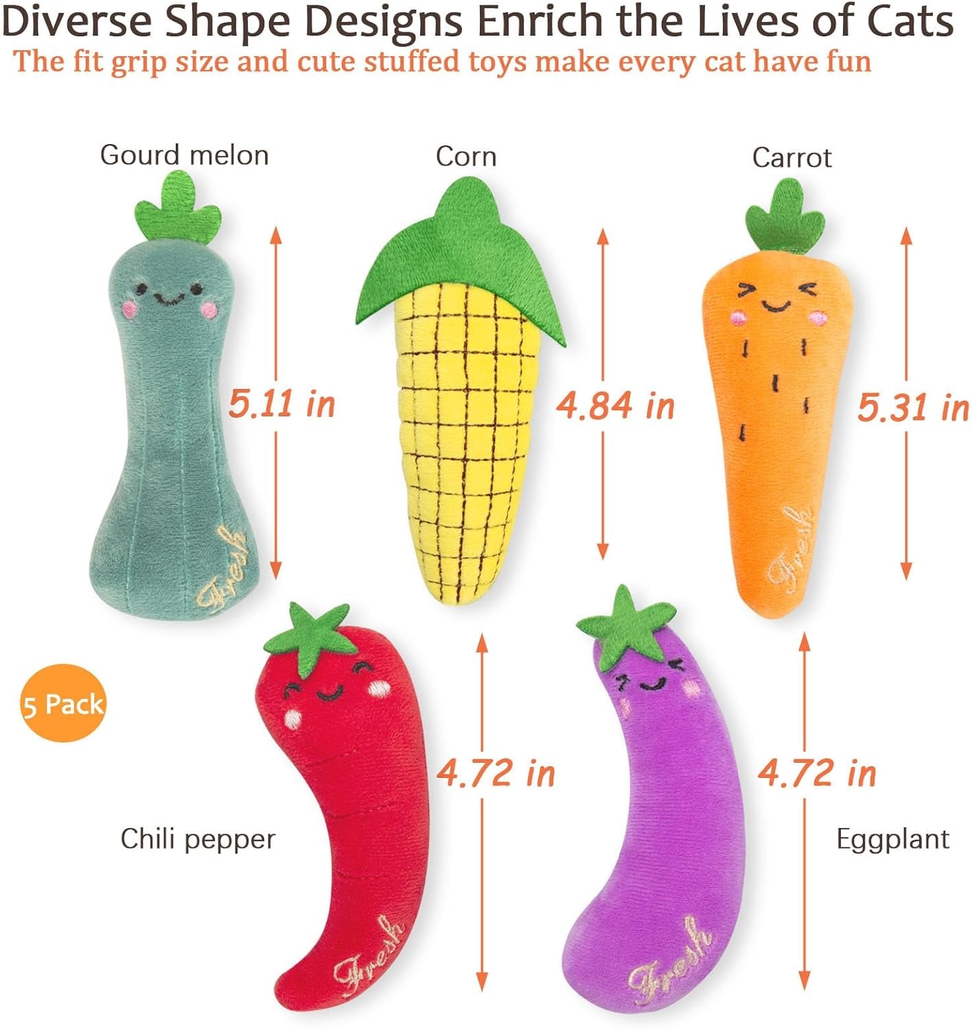 Interactive Catnip Toys for Indoor Cats, Durable Vegetable-Shaped Kitty Kickers and Teething Chew Toys, 5-Pack