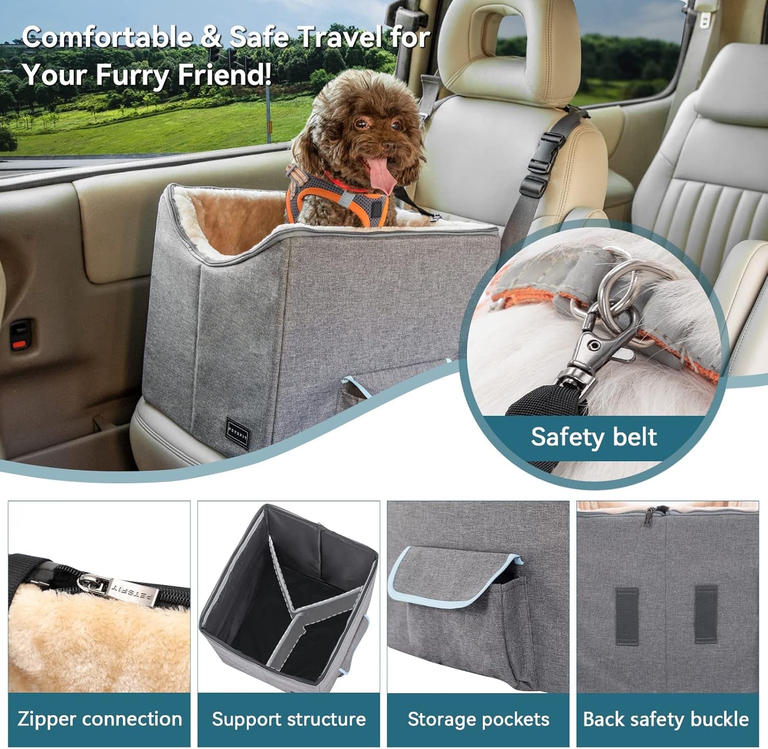 Small Dog Car Seat Booster with Safety Belt, Washable Double-Sided Cushion, and Storage Pocket for Small Pets (Light Grey)