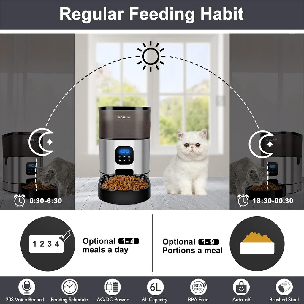 Automatic Cat Feeder - 6L Programmable Transparent Food Dispenser with Desiccant Bag, Adjustable Portions and Meal Settings, Includes Voice Recorder for Small to Medium Pets