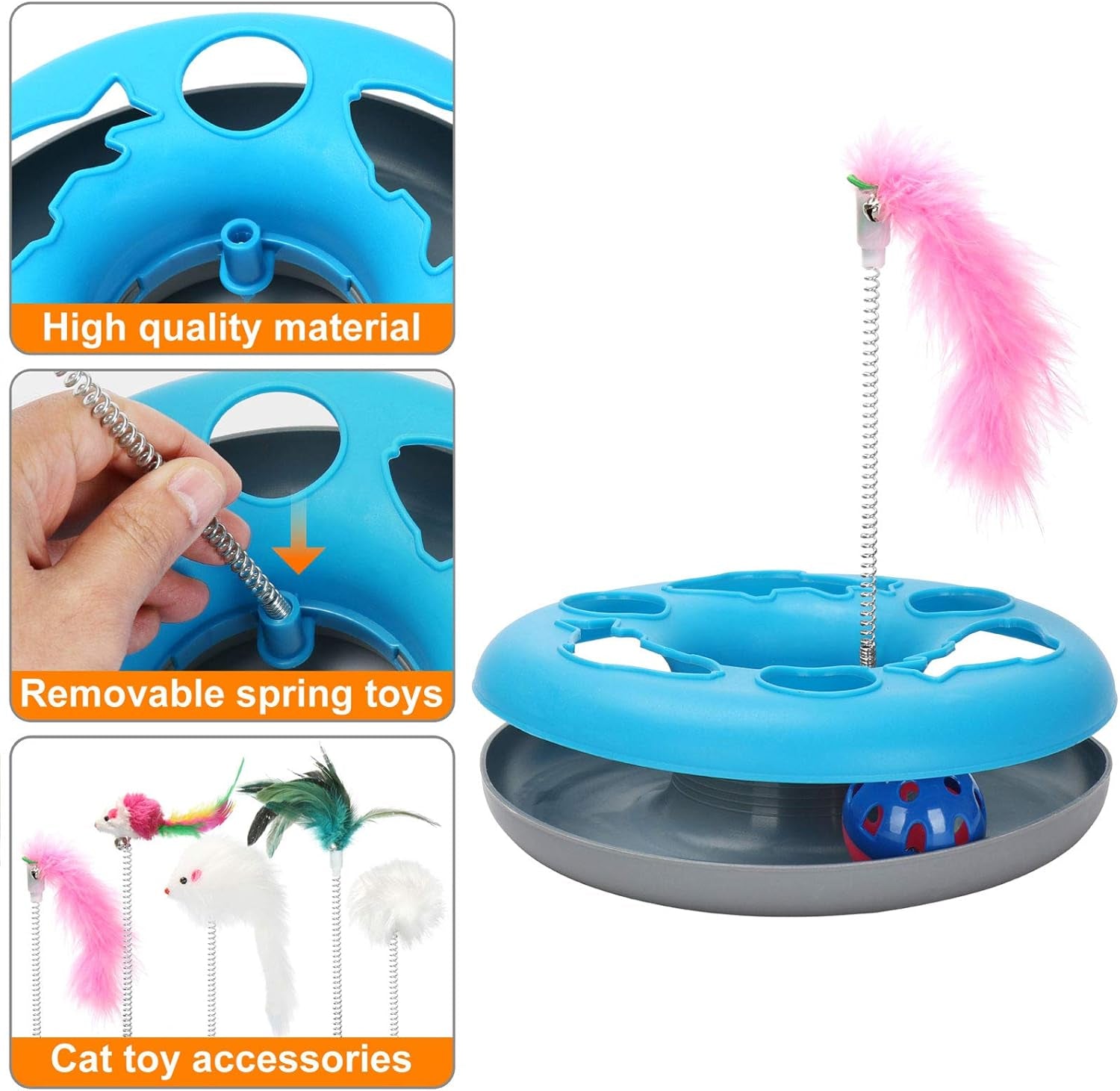 3-in-1 Interactive Cat Toy for Indoor Cats, Featuring Teaser Mouse and Exercise Balls with 5 Removable Spring Replacements - Blue