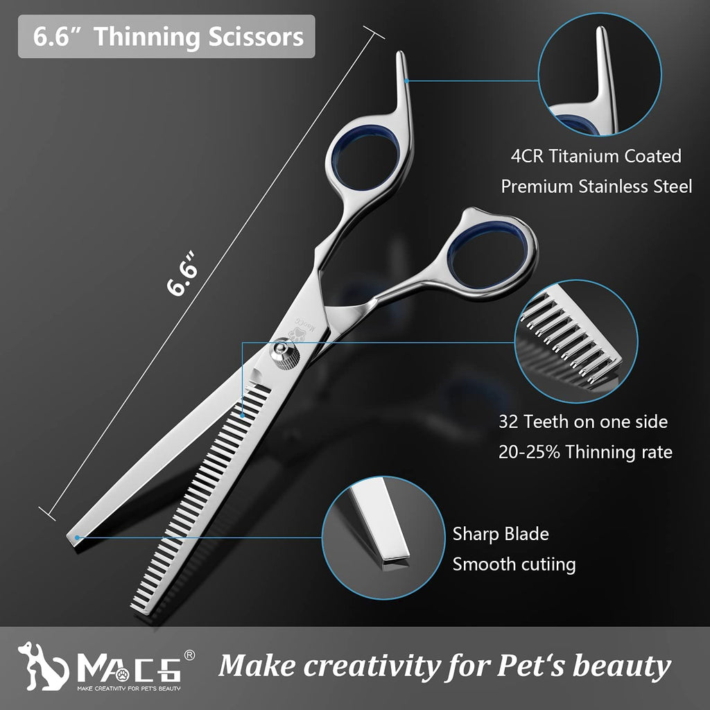 Professional Dog Grooming Scissors Set - Titanium Coated Curved, Thinning, and Straight Scissors with Safety Round Tips for Dogs and Cats