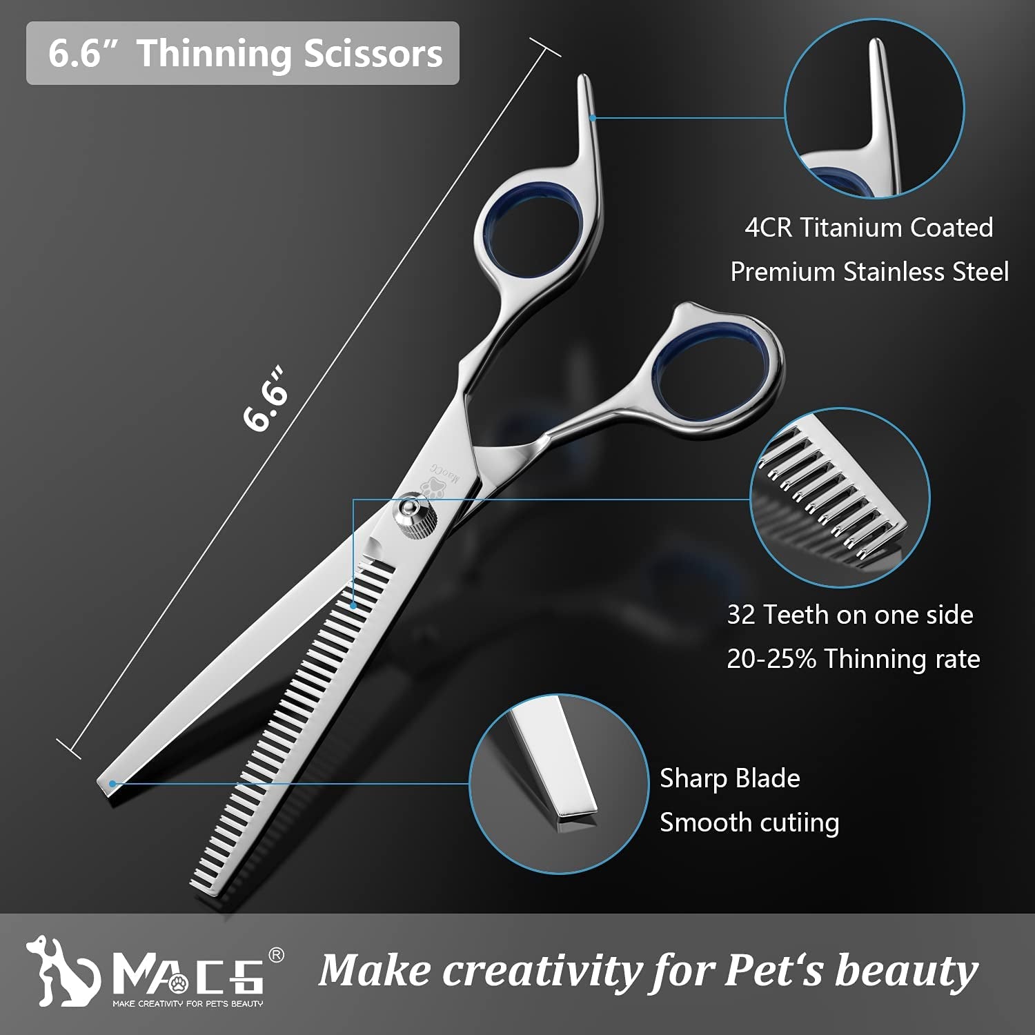 Professional Dog Grooming Scissors Set - Titanium Coated Curved, Thinning, and Straight Scissors with Safety Round Tips for Dogs and Cats