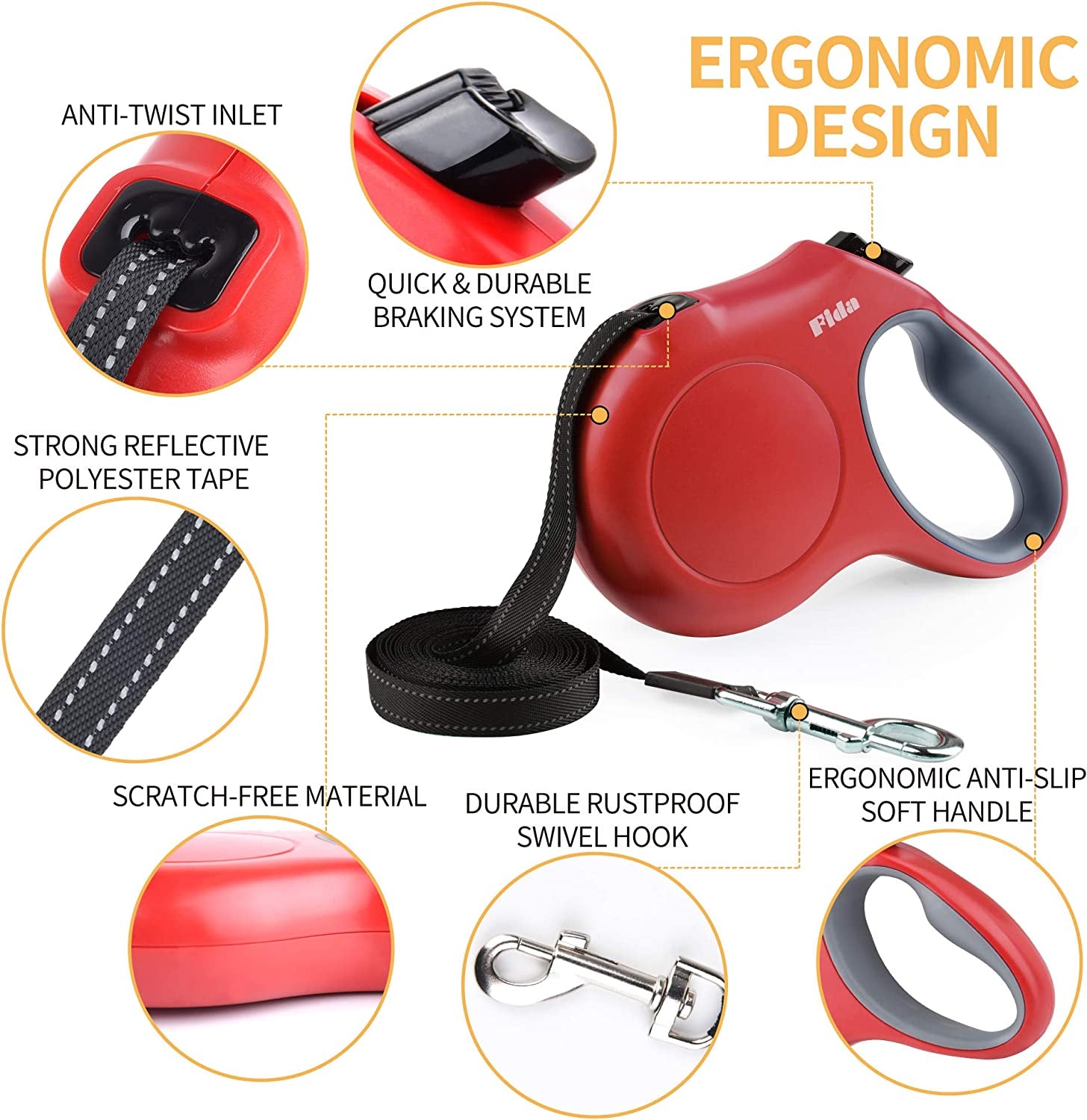 Retractable Pet Leash with Integrated Dispenser and Waste Bags, 16 Ft for Medium Dogs or Cats up to 44 lbs, Anti-Slip Handle, Tangle-Free Design, Reflective Nylon Tape (Medium, Red)